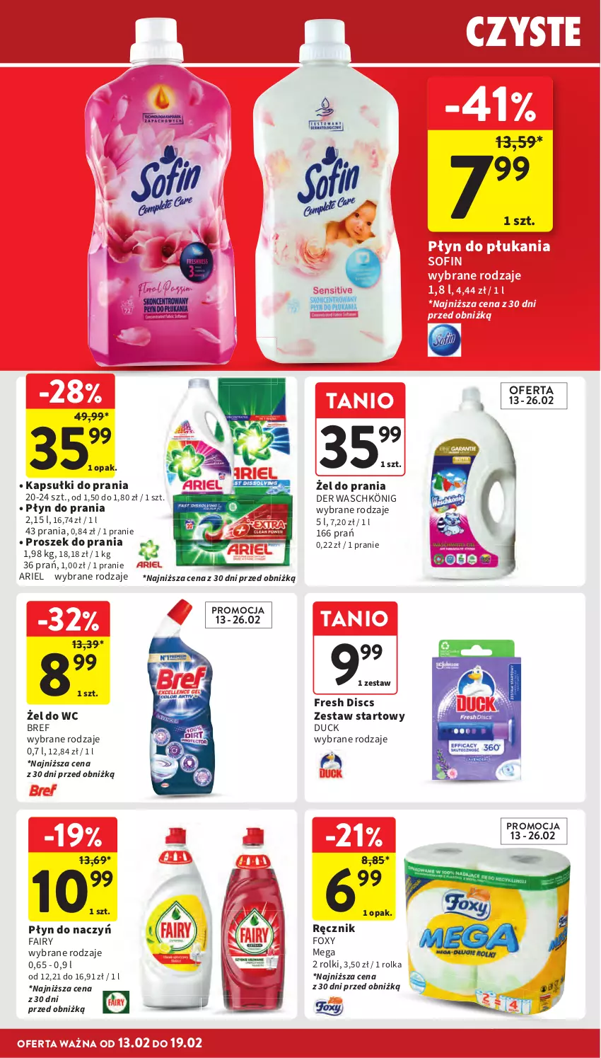 Gazetka promocyjna Intermarche - Gazetka promocyjna - ważna 13.02 do 19.02.2025 - strona 32 - produkty: Ariel, Bref, Duck, Fa, Fairy, Foxy, Kapsułki do prania, König, Płyn do płukania, Płyn do prania, Proszek do prania, Ręcznik, Rolki