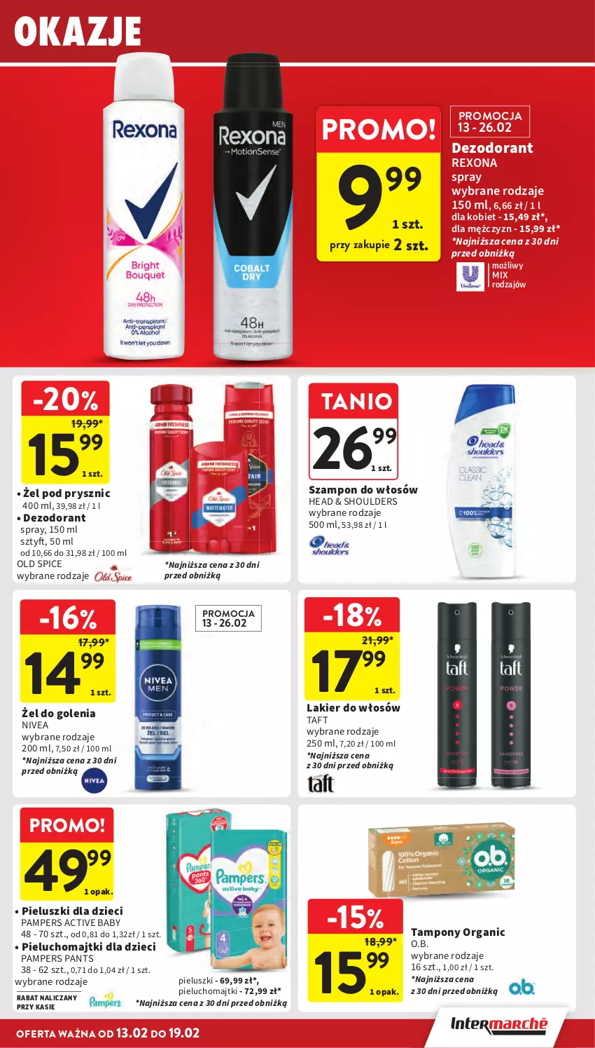 Gazetka promocyjna Intermarche - Gazetka promocyjna - ważna 13.02 do 19.02.2025 - strona 33 - produkty: Dezodorant, Dzieci, Lakier, Lakier do włosów, Majtki, Nivea, O.B., Old Spice, Pampers, Pieluchomajtki, Rexona, Szampon, Taft, Tampony