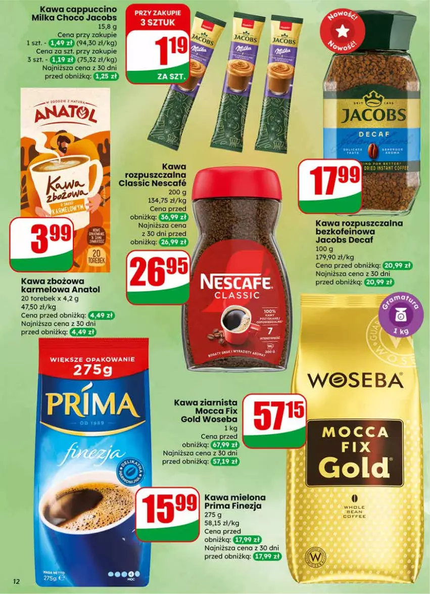 Gazetka promocyjna Dino - Gazetka 11 / 2026 - ważna 11.03 do 17.03.2026 - strona 12 - produkty: Cappuccino, Fa, Jacobs, Kawa, Kawa mielona, Kawa rozpuszczalna, Kawa zbożowa, Kawa ziarnista, Milka, Mocca Fix Gold, Prima, Woseba
