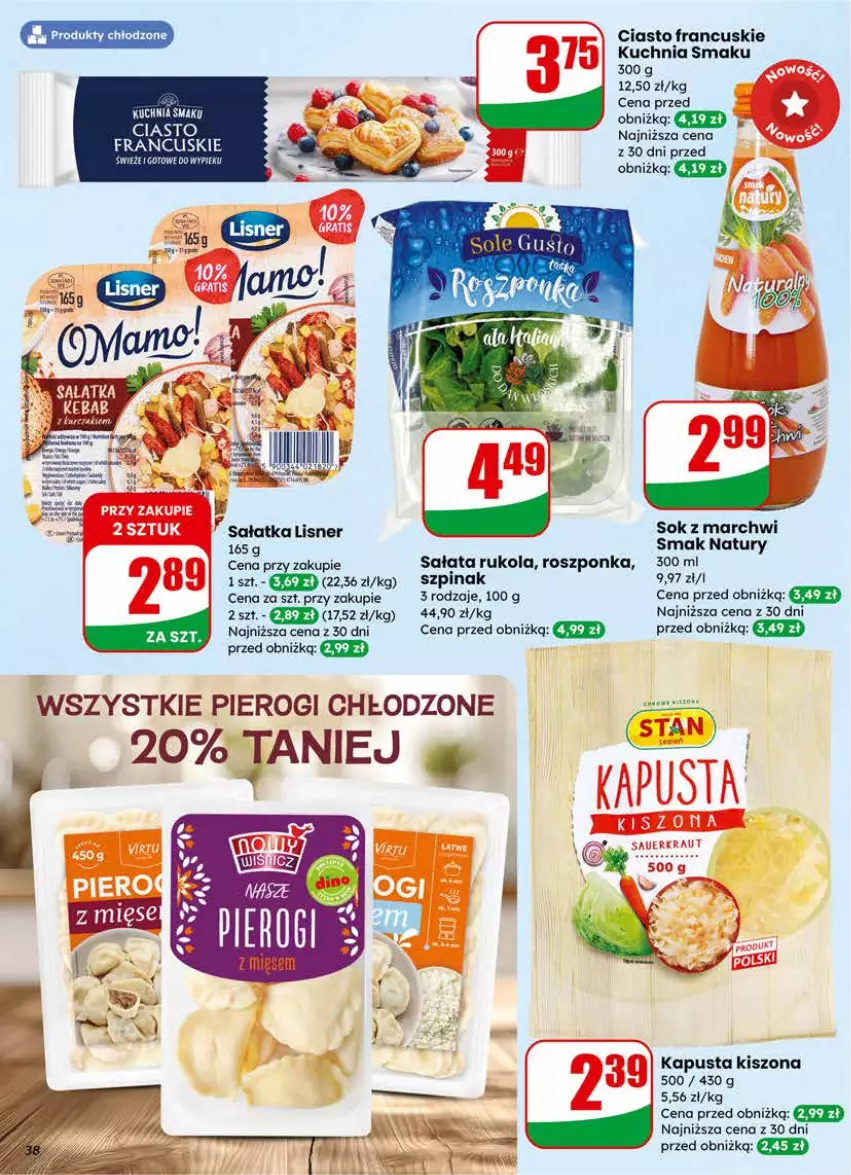 Gazetka promocyjna Dino - Gazetka 11 / 2026 - ważna 11.03 do 17.03.2026 - strona 38 - produkty: Ciasto francuskie, Kuchnia, Lisner, Pierogi, Roszponka, Rukola, Sałat, Sałatka, Sok, Szpinak