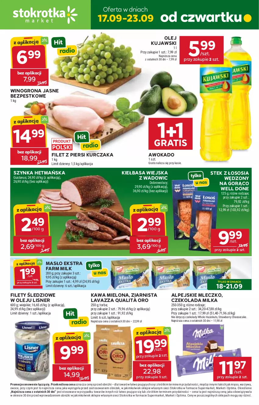 Gazetka promocyjna Stokrotka - Market - ważna 17.09 do 23.09.2026 - strona 1 - produkty: Czekolada, Fa, Farm Milk, Filet z piersi kurczaka, Gra, Kawa, Kawa mielona, Kiełbasa, Kiełbasa wiejska, Kujawski, Kurczak, Lavazza, Lisner, Masło, Mięso, Milka, Mleczko, Olej, Optima, Owoce, Sos, Stek, Szynka, Torba, Warzywa, Wino, Winogrona