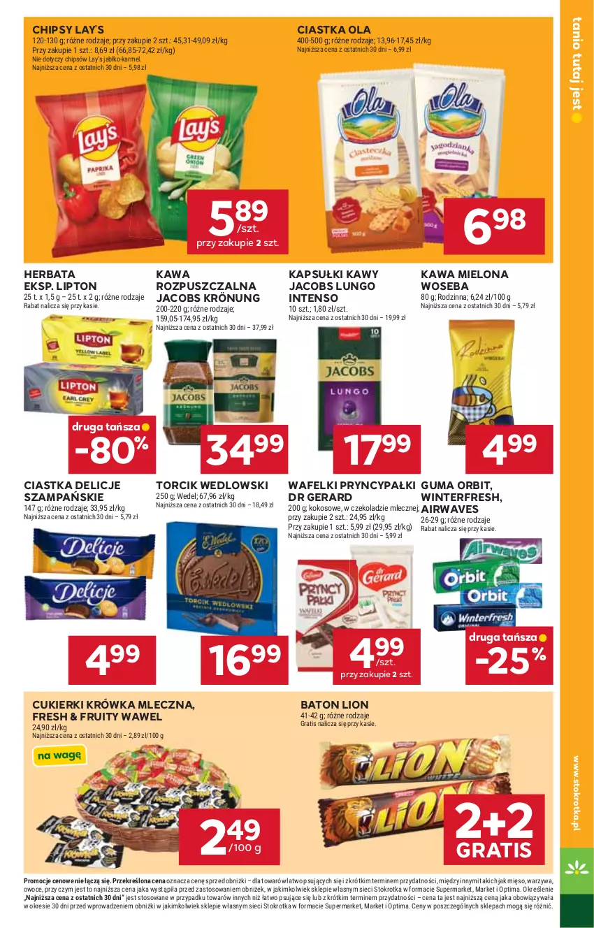 Gazetka promocyjna Stokrotka - Market - ważna 17.09 do 23.09.2026 - strona 21 - produkty: Baton, Chipsy, Ciastka, Cukier, Cukierki, Delicje, Dr Gerard, Gra, Herbata, Jacobs, Jacobs Krönung, Kawa, Kawa mielona, Kawa rozpuszczalna, Kokos, Lay’s, Lion, Lipton, Mięso, Optima, Orbit, Owoce, Warzywa, Wawel, Woseba