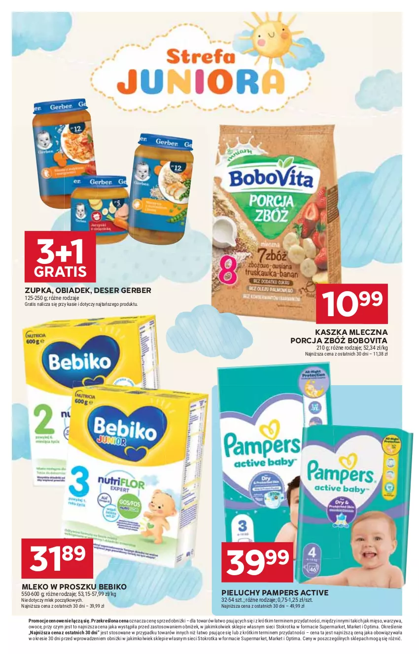 Gazetka promocyjna Stokrotka - Market - ważna 17.09 do 23.09.2026 - strona 32 - produkty: Bebiko, BoboVita, Deser, Gerber, Gra, Mięso, Mleko, Mleko w proszku, Optima, Owoce, Pampers, Pieluchy, Por, Ser, Warzywa