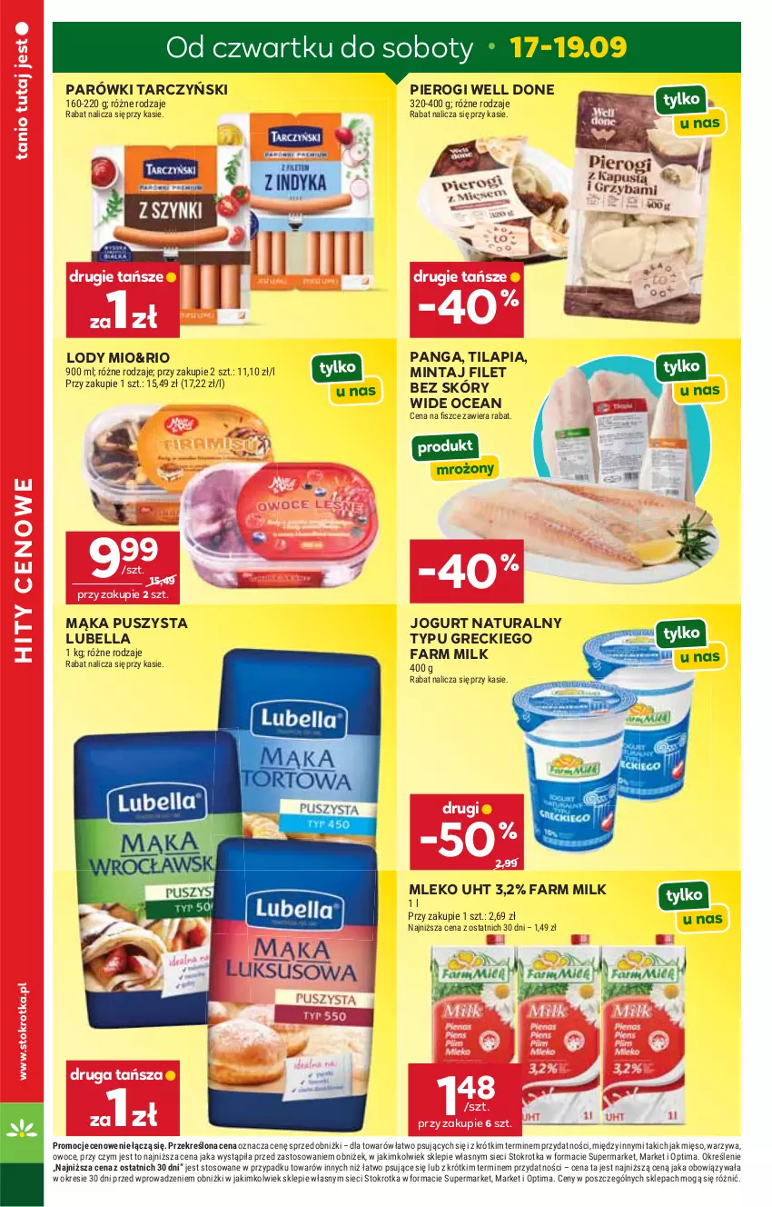 Gazetka promocyjna Stokrotka - Market - ważna 17.09 do 23.09.2026 - strona 6 - produkty: Bell, Bella, Fa, Farm Milk, Jogurt, Jogurt naturalny, Lody, Lubella, Mąka, Mięso, Mintaj, Mleko, Optima, Owoce, Panga, Parówki, Pierogi, Tarczyński, Tilapia, Warzywa