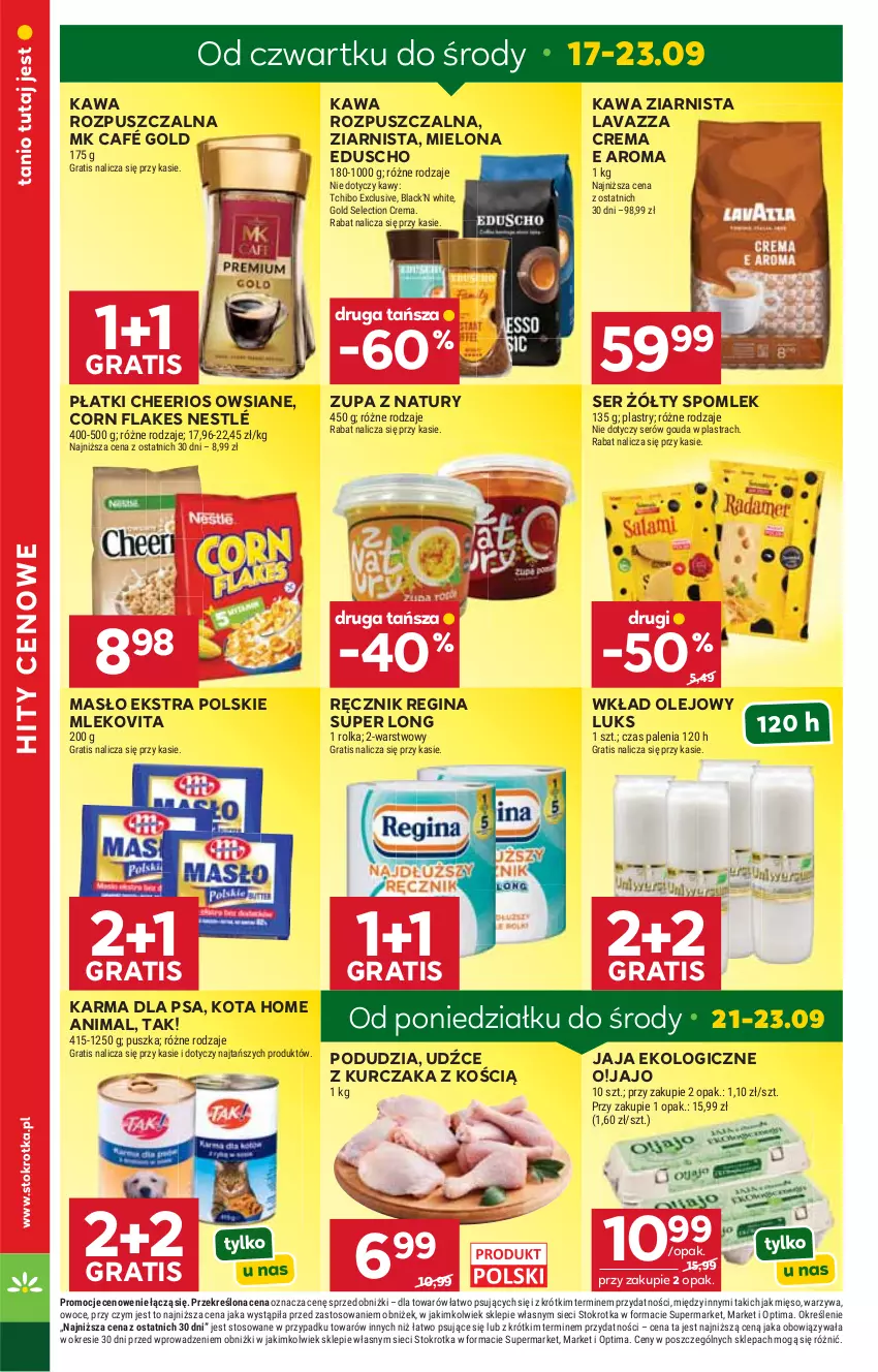 Gazetka promocyjna Stokrotka - Market - ważna 17.09 do 23.09.2026 - strona 8 - produkty: Cheerios, Corn flakes, Gin, Gouda, Gra, Jaja, Kawa, Kawa rozpuszczalna, Kawa ziarnista, Kurczak, Lack, Lavazza, Masło, Mięso, Mleko, Mlekovita, Nestlé, Olej, Optima, Owoce, Ręcznik, Ser, Tchibo, Warzywa, Wkład olejowy, Zupa