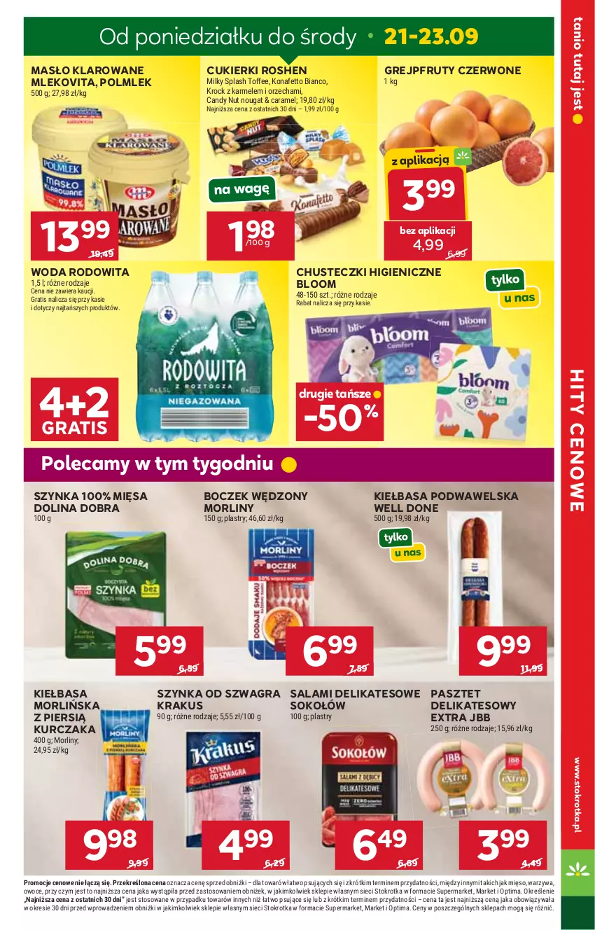 Gazetka promocyjna Stokrotka - Market - ważna 17.09 do 23.09.2026 - strona 9 - produkty: Boczek, Candy, Chusteczki, Cukier, Cukierki, Gra, Grejpfrut, Kiełbasa, Kiełbasa podwawelska, Krakus, Kurczak, Masło, Masło klarowane, Mięso, Mleko, Mlekovita, Morliny, Optima, Owoce, Pasztet, POLMLEK, Salami, Sok, Sokołów, Szynka, Warzywa, Wawel, Woda