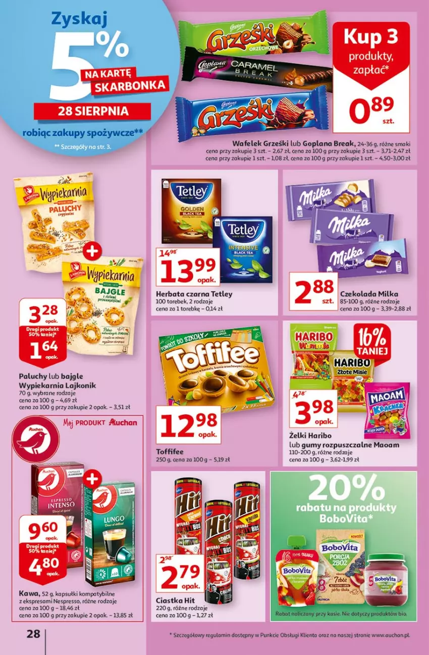 Gazetka promocyjna Auchan - Rysuje się coś wartego zapisania Hipermarkety - ważna 26.08 do 01.09.2021 - strona 28 - produkty: Bajgle, Ciastka, Czekolada, Goplana, Grześki, Haribo, Herbata, Herbata czarna, Kawa, Lajkonik, LANA, Milka, Tetley, Toffifee, Wafelek