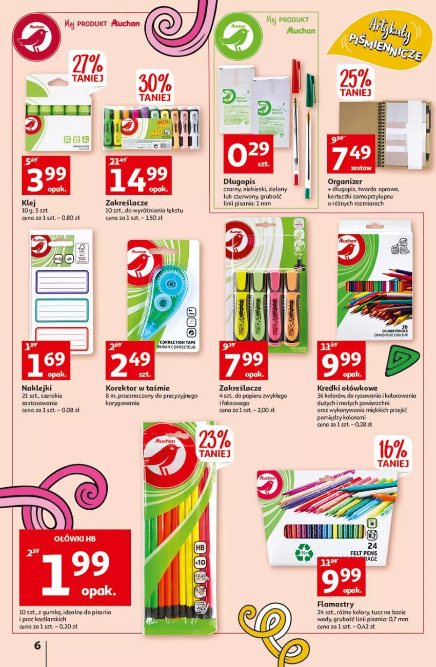 Gazetka promocyjna Auchan - Rysuje się coś wartego zapisania Hipermarkety - ważna 26.08 do 01.09.2021 - strona 6 - produkty: Długopis, Fa, Flamastry, Karteczki samoprzylepne, Klej, Mop, Organizer, Papier, Tusz