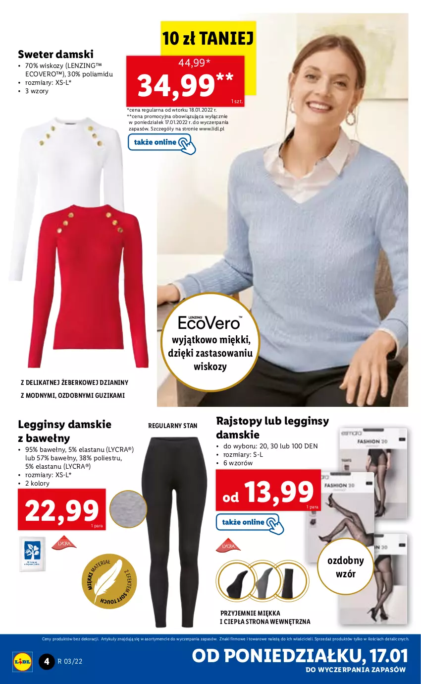 Gazetka promocyjna Lidl - GAZETKA - ważna 17.01 do 23.01.2022 - strona 4 - produkty: Gin, Legginsy, Rajstopy, Sweter, Top