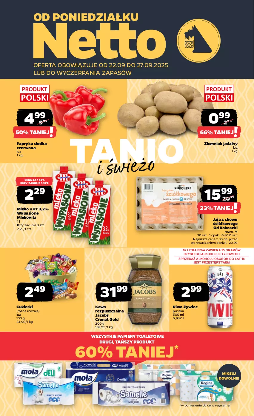 Gazetka promocyjna Netto - Od Poniedziałku - ważna 22.09 do 27.09.2025 - strona 1 - produkty: Cukier, Cukierki, Gra, Jacobs, Jaja, Kawa, Kawa rozpuszczalna, Kokos, Kosz, Mleko, Mlekovita, Papier, Papryka, Papryka słodka, Piwa, Piwo