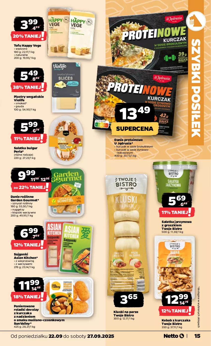 Gazetka promocyjna Netto - Od Poniedziałku - ważna 22.09 do 27.09.2025 - strona 15 - produkty: Bulgur, Gouda, Kebab, Kebab z kurczaka, Klopsiki, Kluski na parze, Kokos, Kurczak, LG, Sajgonki, Sałat, Sałatka, Sos, Tofu, Warzywa
