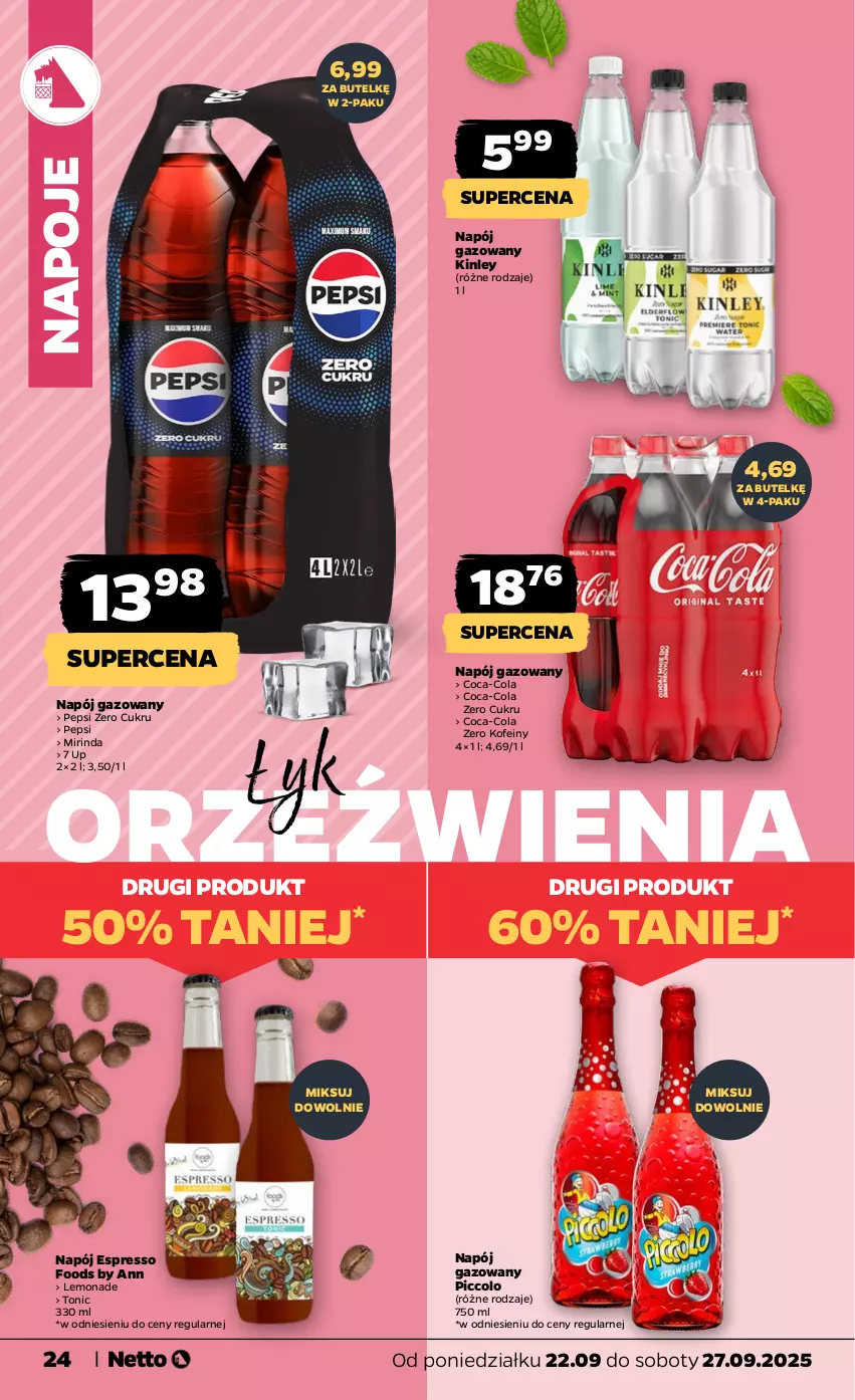 Gazetka promocyjna Netto - Od Poniedziałku - ważna 22.09 do 27.09.2025 - strona 24 - produkty: Coca-Cola, Mirinda, Napój, Napój gazowany, Napoje, Pepsi, So Food
