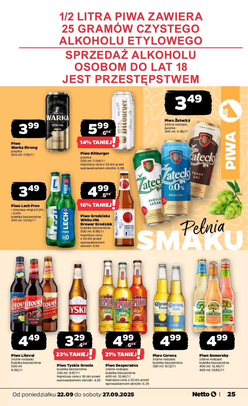 Gazetka promocyjna Netto - Od Poniedziałku - ważna 22.09 do 27.09.2025 - strona 25 - produkty: Burger, Desperados, Gra, Limonka, Mięta, Piwa, Piwo, Somersby, Tyskie, Warka