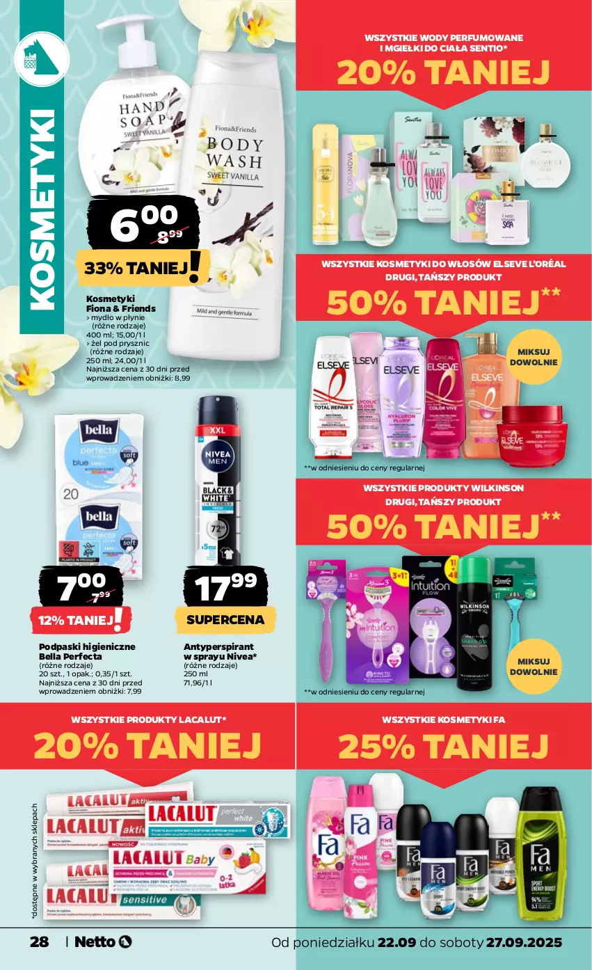 Gazetka promocyjna Netto - Od Poniedziałku - ważna 22.09 do 27.09.2025 - strona 28 - produkty: Antyperspirant, Bell, Bella, Elseve, Fa, L’Oréal, Lacalut, Mydło, Mydło w płynie, Nivea, Perfecta, Perfum, Podpaski
