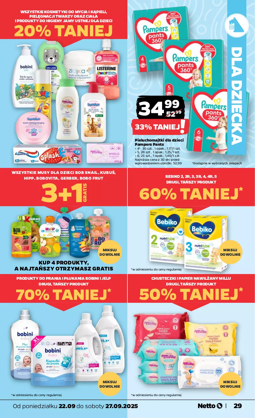 Gazetka promocyjna Netto - Od Poniedziałku - ważna 22.09 do 27.09.2025 - strona 29 - produkty: Bebiko, BoboVita, Chusteczki, Dzieci, Gerber, Gra, HiPP, Kubuś, Majtki, Mus, Pampers, Papier, Pieluchomajtki