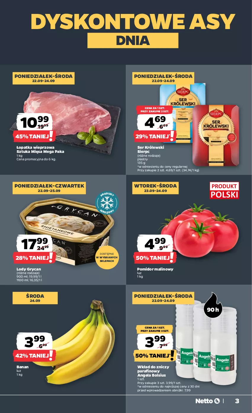 Gazetka promocyjna Netto - Od Poniedziałku - ważna 22.09 do 27.09.2025 - strona 3 - produkty: Bols, Bolsius, Gry, Królewski, Lody, Pomidor malinowy, Ser, Znicz