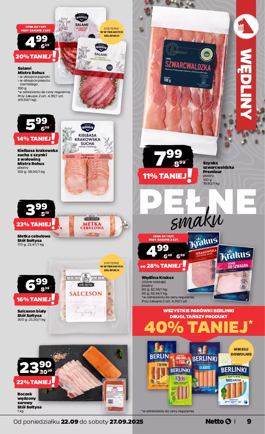 Gazetka promocyjna Netto - Od Poniedziałku - ważna 22.09 do 27.09.2025 - strona 9 - produkty: Berlinki, Boczek, Kiełbasa, Kiełbasa krakowska, Krakus, Parówki, Pieprz, Salami, Salceson, Stół, Szynka, Wędlina