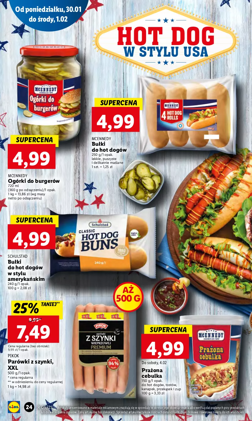 Gazetka promocyjna Lidl - GAZETKA - ważna 30.01 do 01.02.2023 - strona 28 - produkty: Bułki do hot dogów, Burger, Hot dog, Parówki, Parówki z szynki, PIKOK
