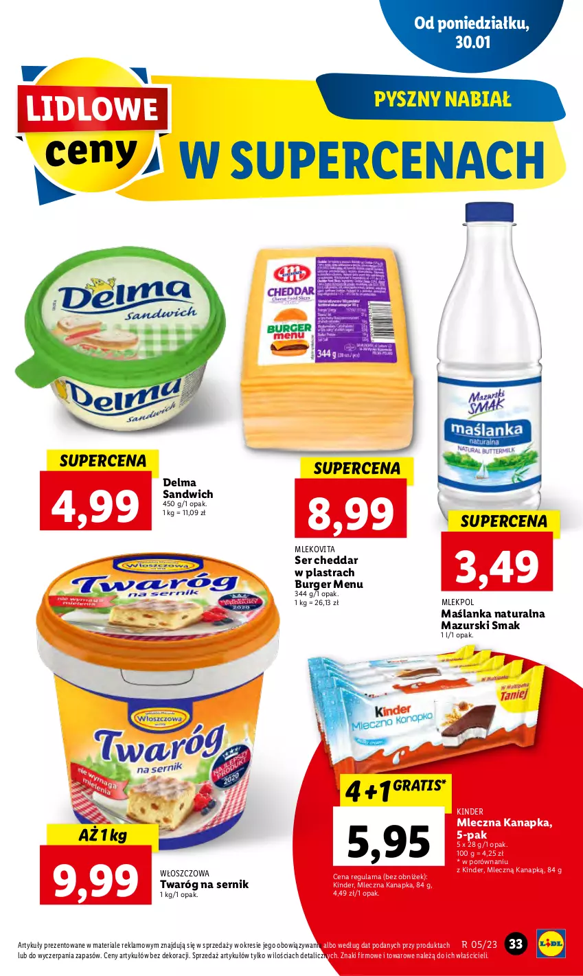 Gazetka promocyjna Lidl - GAZETKA - ważna 30.01 do 01.02.2023 - strona 37 - produkty: Burger, Cheddar, Delma, Gra, Kinder, Maślanka, Mleczna kanapka, Mleko, Mlekovita, Por, Ser, Twaróg