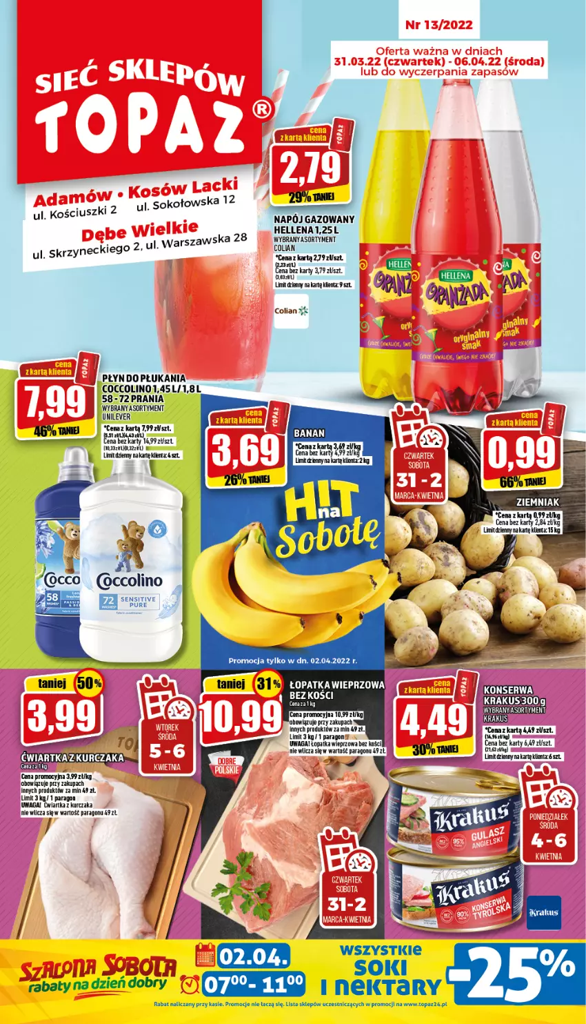 Gazetka promocyjna Topaz - Gazetka - ważna 31.03 do 06.04.2022 - strona 1 - produkty: Coccolino, Hellena, Krakus, Kurczak, Napój, Napój gazowany, Sok, Top, Waga