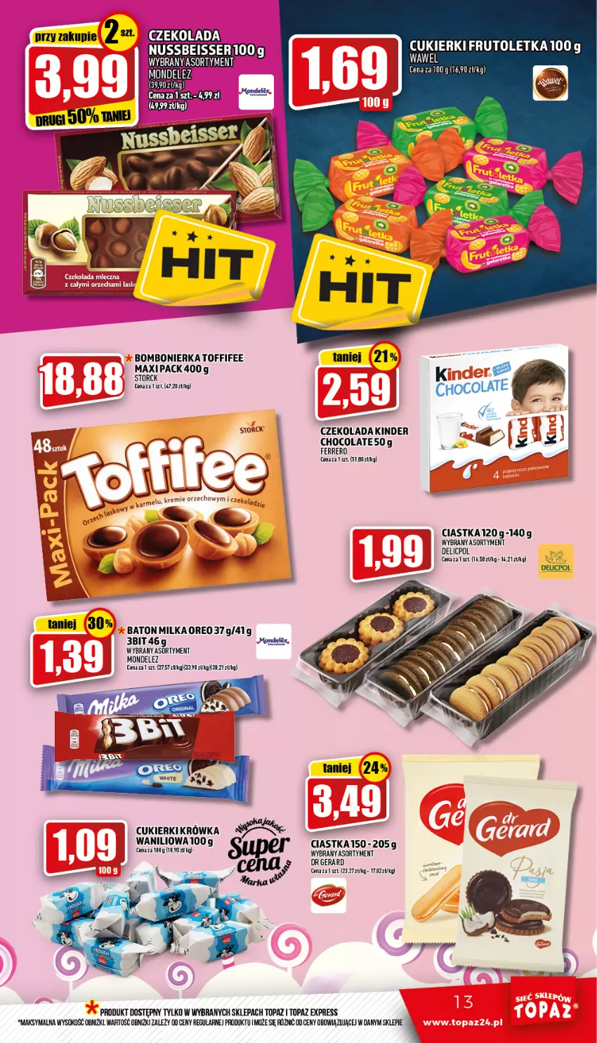 Gazetka promocyjna Topaz - Gazetka - ważna 31.03 do 06.04.2022 - strona 13 - produkty: Baton, Ciastka, Cukier, Cukierki, Czekolada, Dr Gerard, Ferrero, Kinder, Milka, Sok, Toffifee, Top