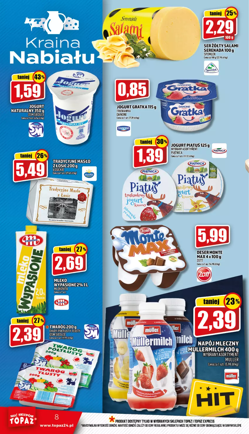 Gazetka promocyjna Topaz - Gazetka - ważna 31.03 do 06.04.2022 - strona 8 - produkty: Deser, Gra, Jogurt, Monte, Piątnica, Salami, Ser, Sok, Top