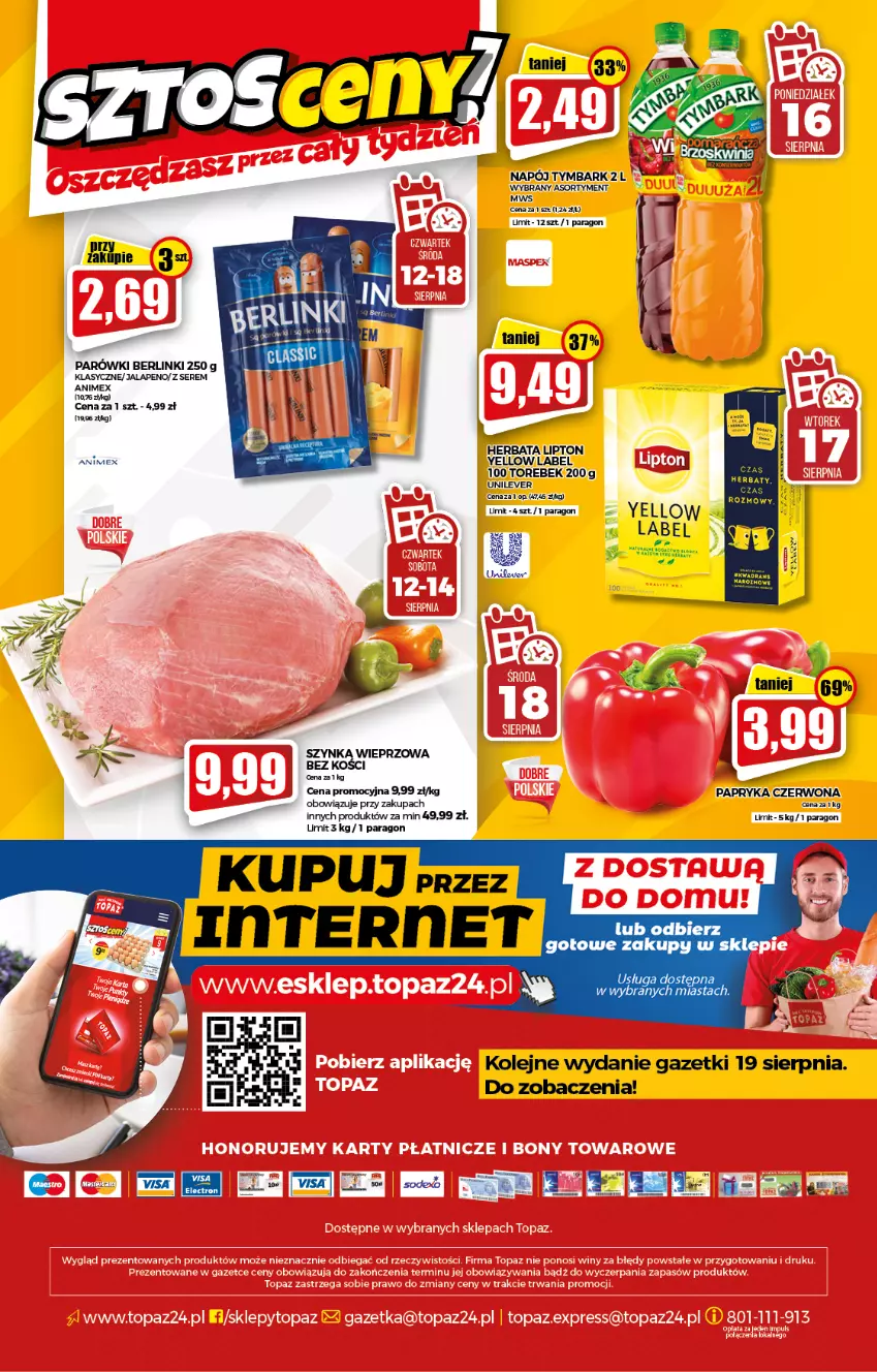 Gazetka promocyjna Topaz - Gazetka - ważna 12.08 do 18.08.2021 - strona 20 - produkty: Berlinki, Herbata, Lipton, Napój, Olej, Papryka, Papryka czerwona, Parówki, Ser, Tymbark