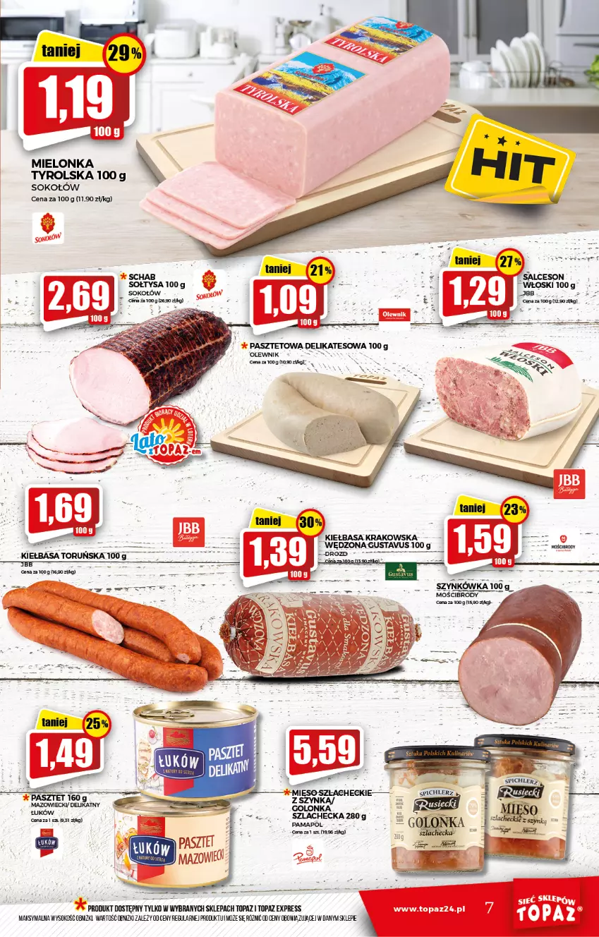 Gazetka promocyjna Topaz - Gazetka - ważna 12.08 do 18.08.2021 - strona 7 - produkty: Kiełbasa, Kiełbasa krakowska, Mielonka tyrolska, Mięso, Pasztet, Salceson, Sok, Sokołów, Top