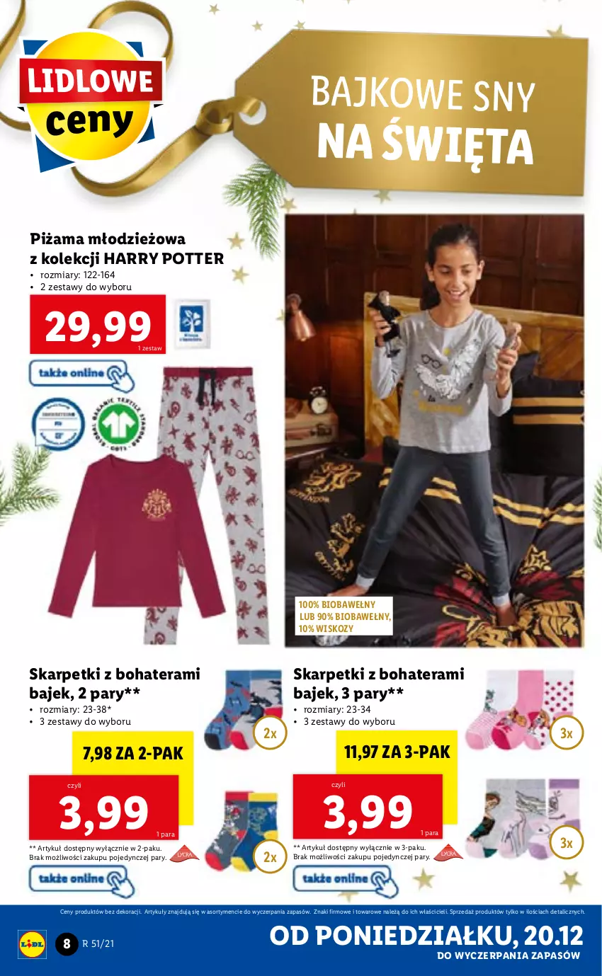 Gazetka promocyjna Lidl - GAZETKA - ważna 20.12 do 24.12.2021 - strona 8 - produkty: Harry Potter, Karp, Piżama, Skarpetki, Tera