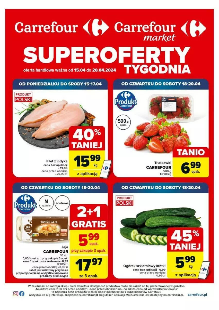 Gazetka promocyjna Carrefour - ważna 15.04 do 20.04.2024 - strona 1 - produkty: Jaja, Kosz, Ogórek, Por, Truskawki
