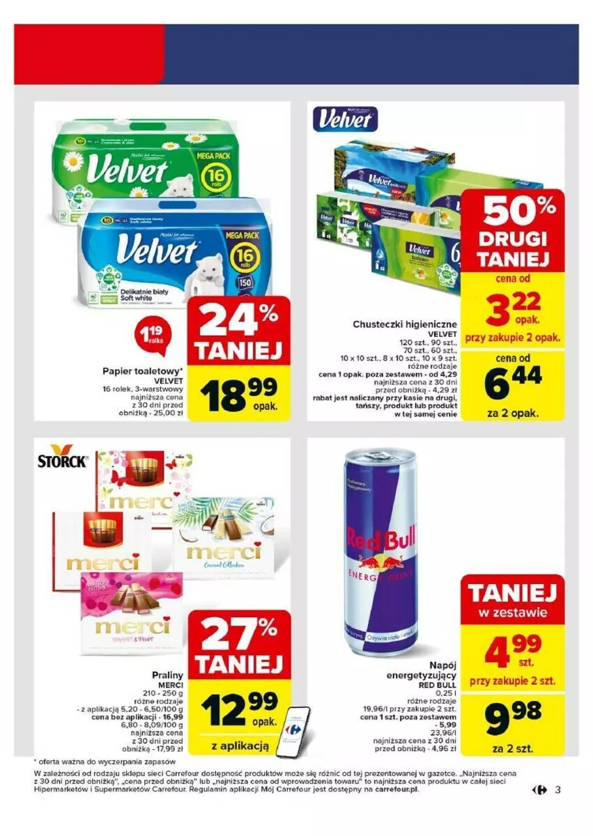 Gazetka promocyjna Carrefour - ważna 15.04 do 20.04.2024 - strona 12 - produkty: Chusteczki, Merci, Napój, Papier, Papier toaletowy, Praliny, Red Bull, Velvet