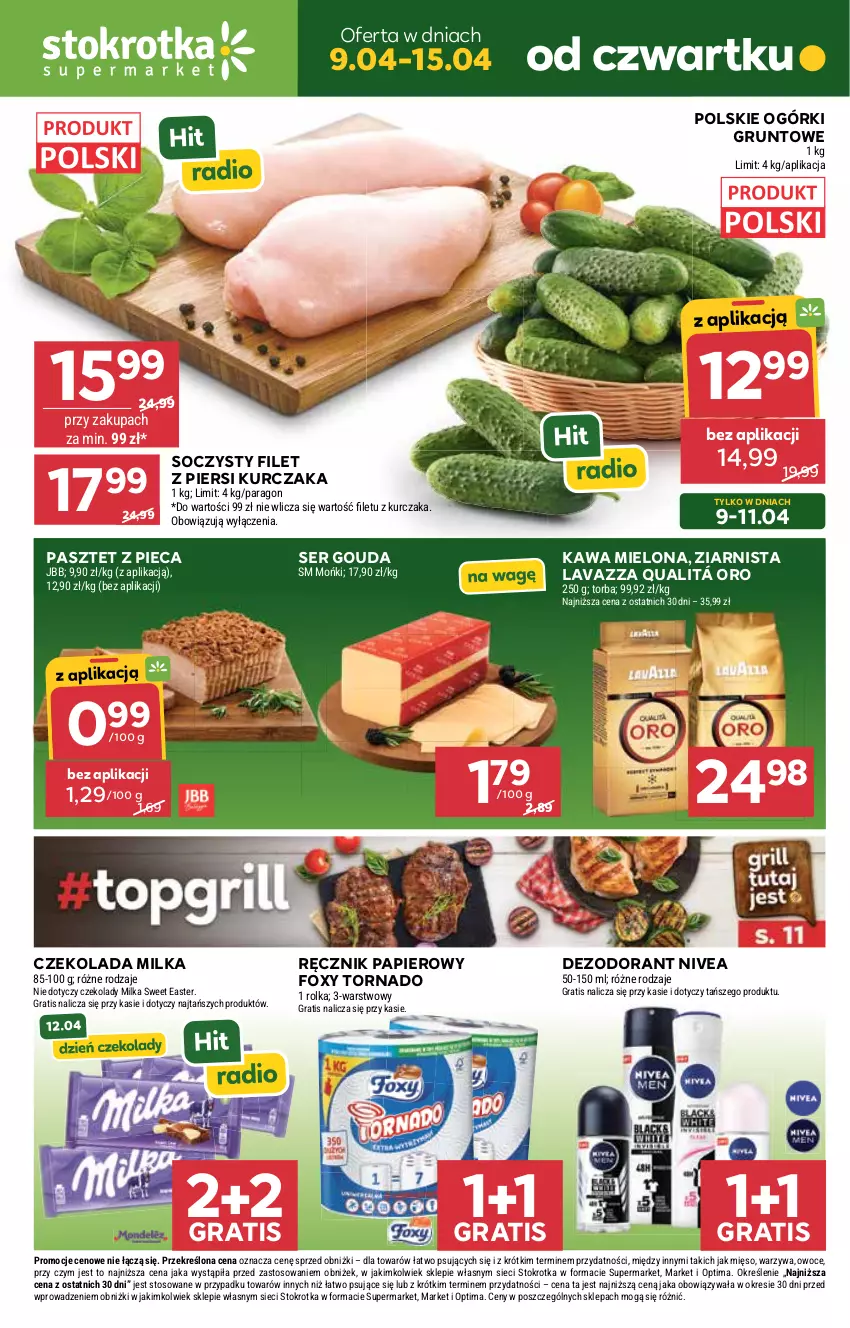 Gazetka promocyjna Stokrotka - Supermarket - ważna 09.04 do 15.04.2026 - strona 1 - produkty: Czekolada, Dezodorant, Filet z piersi kurczaka, Foxy, Gouda, Gra, Grunt, Kawa, Kawa mielona, Kurczak, Lavazza, Mięso, Milka, Nivea, Optima, Owoce, Papier, Pasztet, Piec, Ręcznik, Ser, Torba, Warzywa