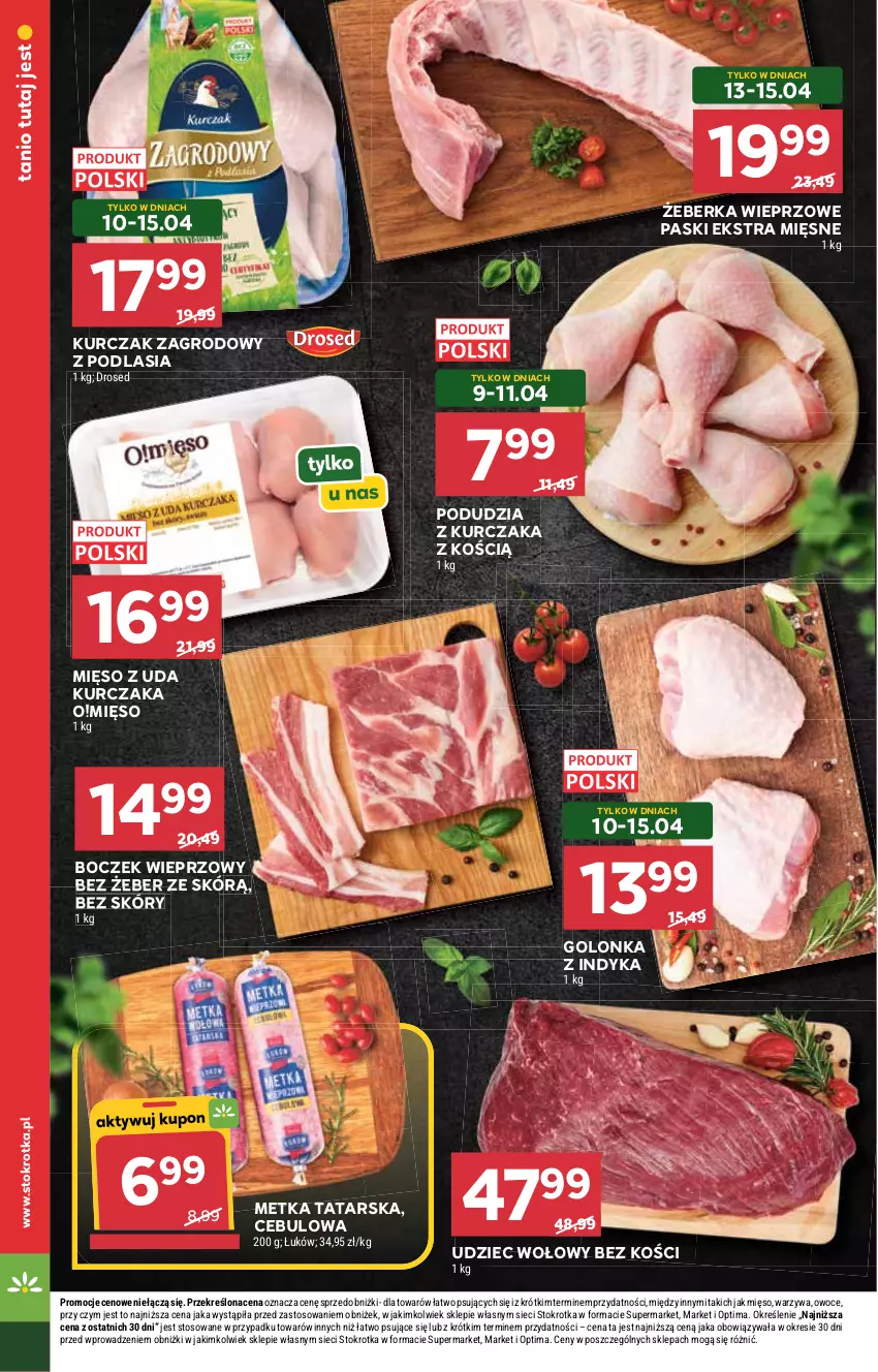 Gazetka promocyjna Stokrotka - Supermarket - ważna 09.04 do 15.04.2026 - strona 12 - produkty: Boczek, Boczek wieprzowy, Golonka z indyka, Kurczak, Metka tatarska, Mięso, Mięso z uda kurczaka, Optima, Owoce, Udziec wołowy, Warzywa
