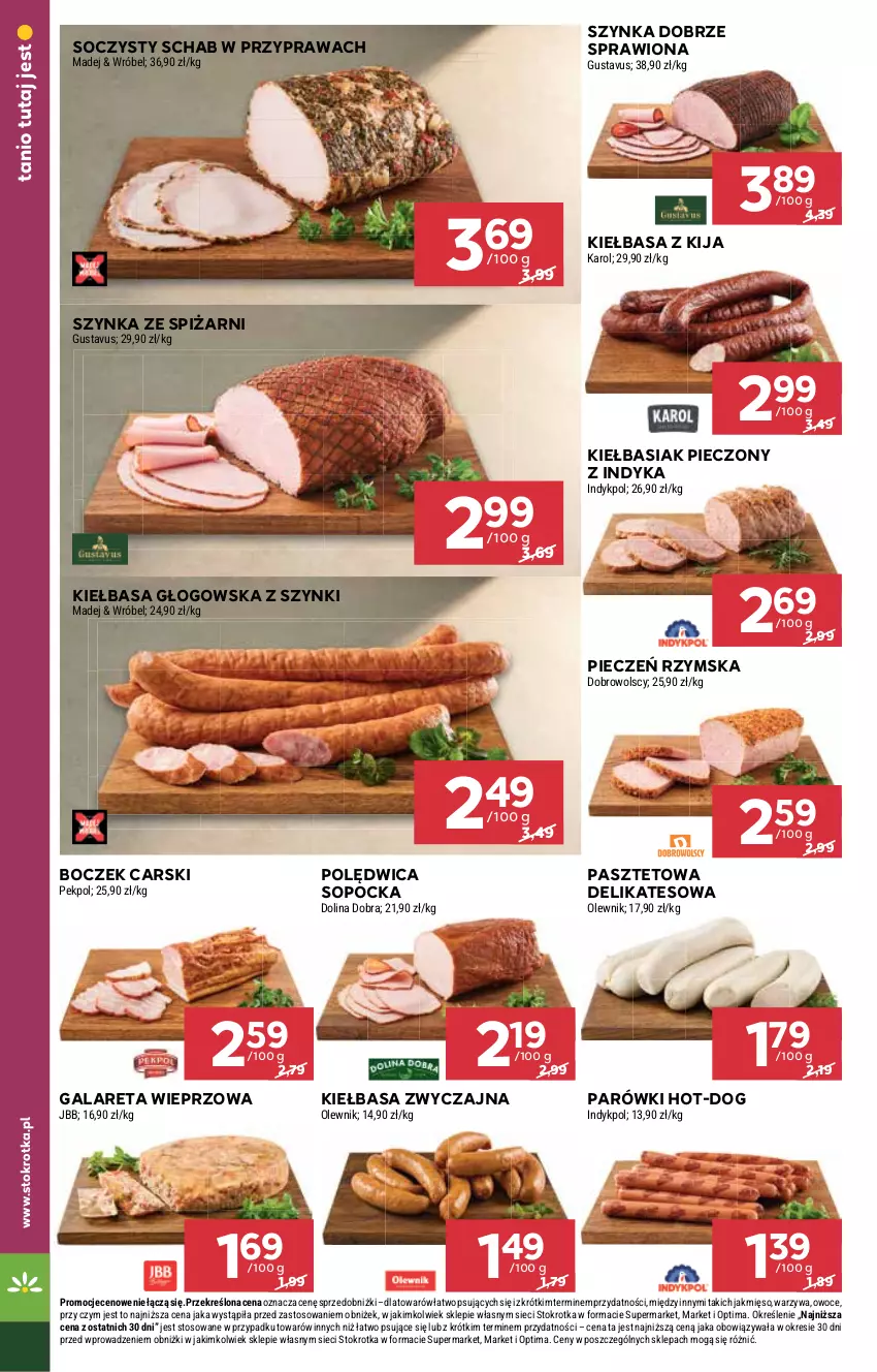 Gazetka promocyjna Stokrotka - Supermarket - ważna 09.04 do 15.04.2026 - strona 18 - produkty: Basia, Boczek, Cars, Gala, Kiełbasa, Kiełbasa głogowska, Mięso, Olewnik, Optima, Owoce, Parówki, Pasztet, Pekpol, Piec, Pieczeń rzymska, Polędwica, Szynka, Warzywa
