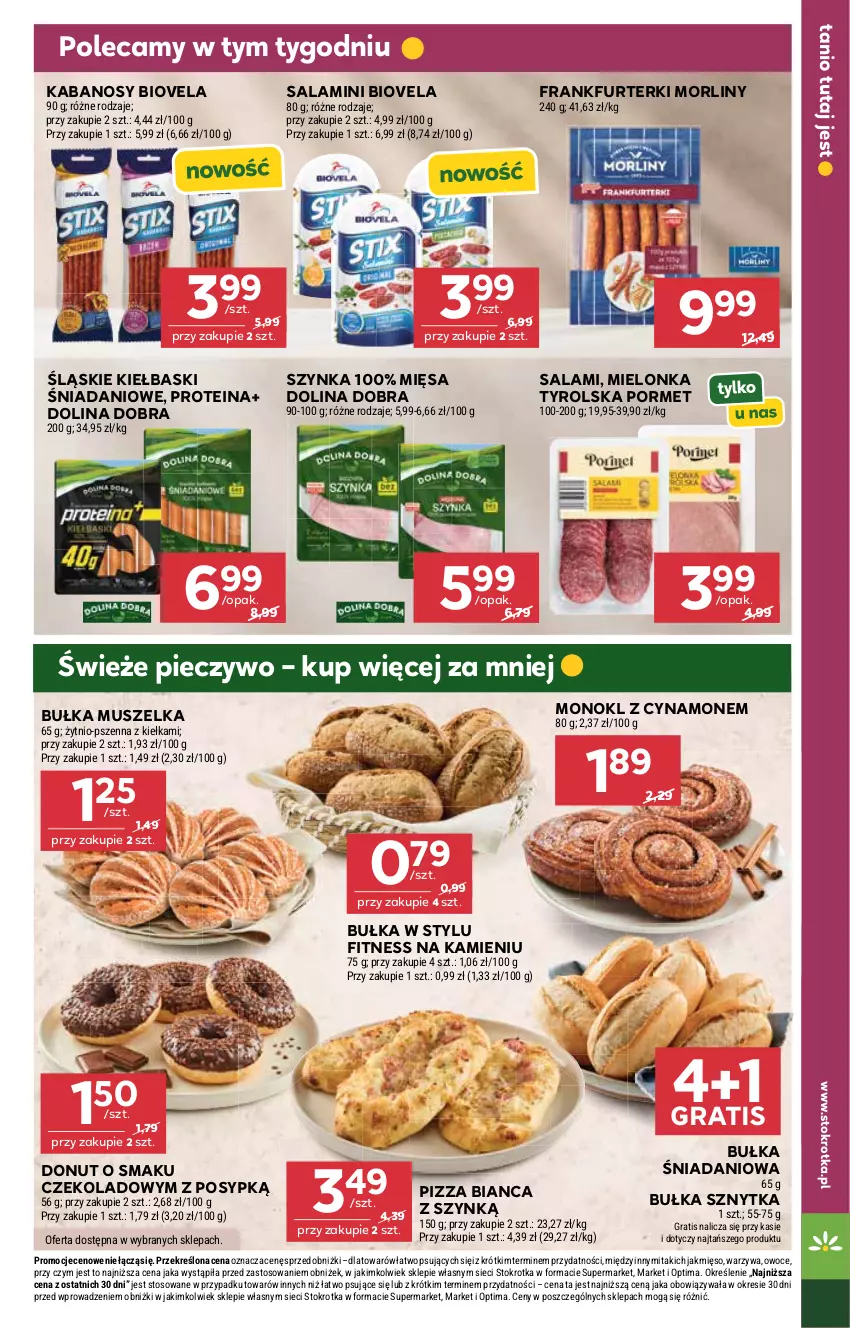 Gazetka promocyjna Stokrotka - Supermarket - ważna 09.04 do 15.04.2026 - strona 19 - produkty: Bułka, Danio, Donut, Frankfurterki, Gra, Kabanos, Mielonka tyrolska, Mięso, Morliny, Mus, Optima, Owoce, Piec, Pieczywo, Pizza, Por, Salami, Szynka, Warzywa