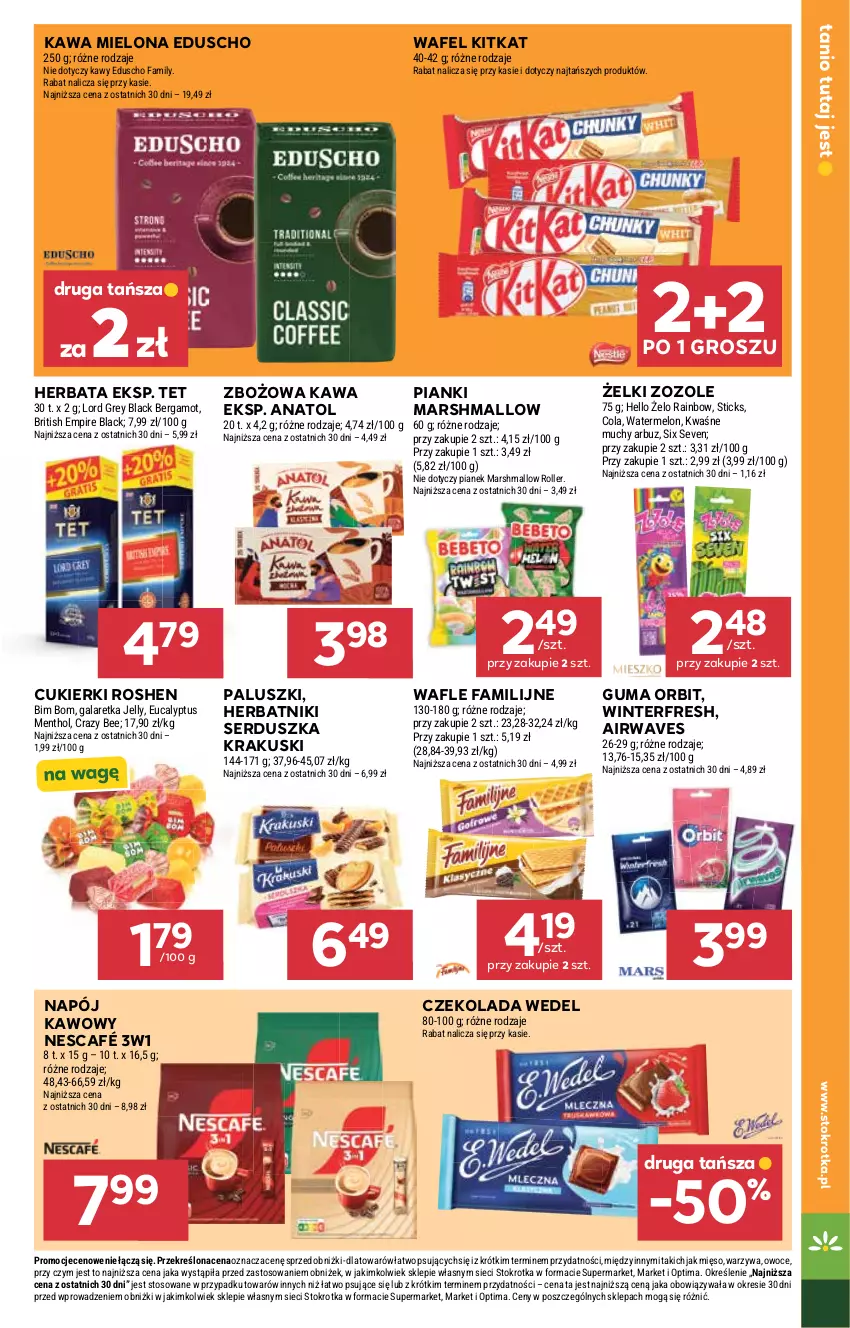 Gazetka promocyjna Stokrotka - Supermarket - ważna 09.04 do 15.04.2026 - strona 25 - produkty: Arbuz, Brit, Cukier, Cukierki, Czekolada, Fa, Gala, Galaretka, Herbata, Herbatniki, Kawa, Kawa mielona, Krakus, Krakuski, Lack, Mars, Melon, Mięso, Napój, Nescafé, Optima, Orbit, Owoce, Roller, Ser, Wafle, Warzywa
