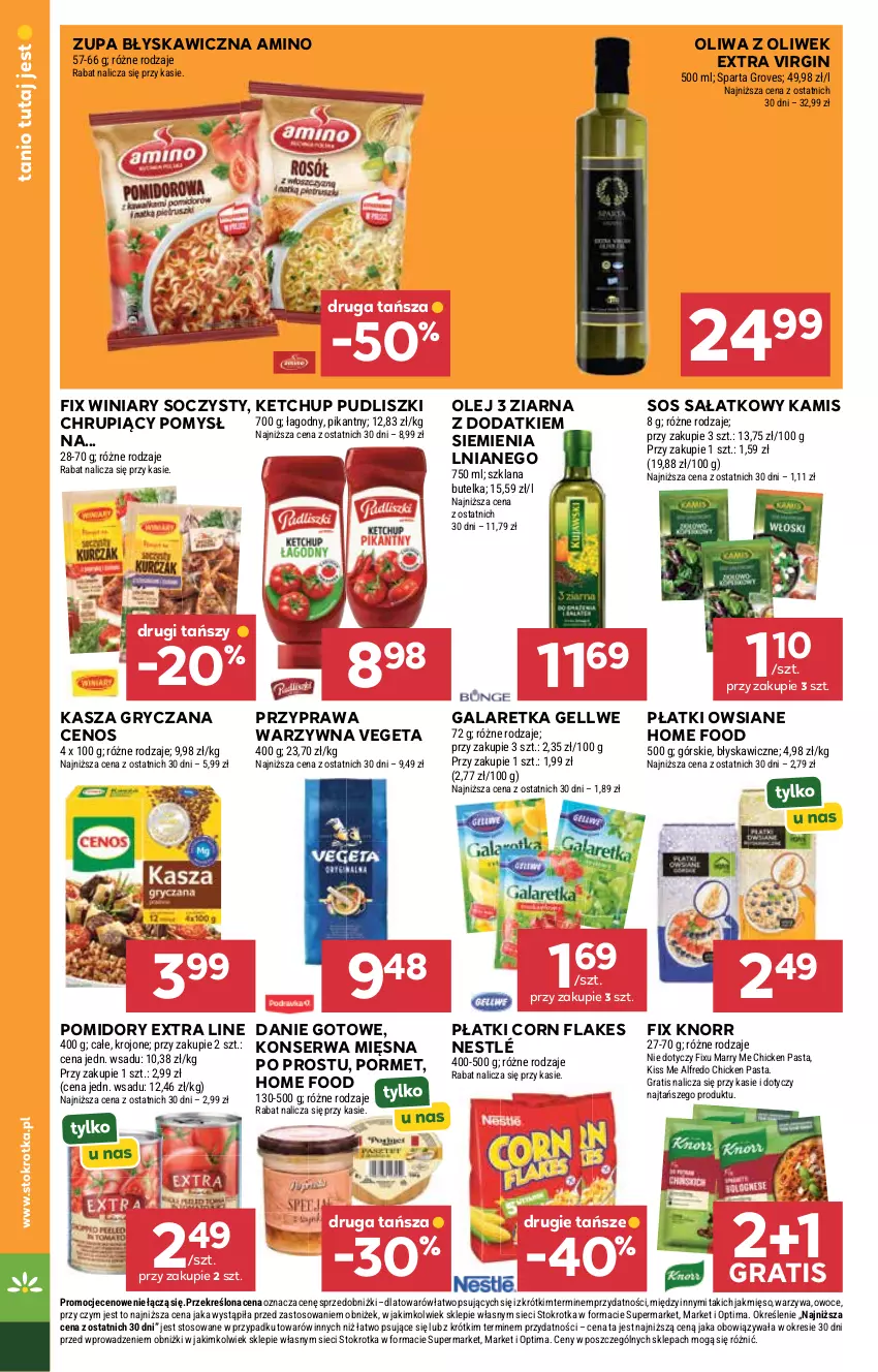 Gazetka promocyjna Stokrotka - Supermarket - ważna 09.04 do 15.04.2026 - strona 26 - produkty: Cenos, Corn flakes, Danie gotowe, Gala, Galaretka, Gin, Gra, Gry, Kamis, Kasza, Kasza gryczana, Ketchup, Knorr, LANA, Mięso, Nestlé, Olej, Oliwa, Oliwa z oliwek, Optima, Owoce, Płatki owsiane, Pomidory, Por, Pudliszki, Sałat, Ser, Sos, Vegeta, Warzywa, Winiary, Zupa
