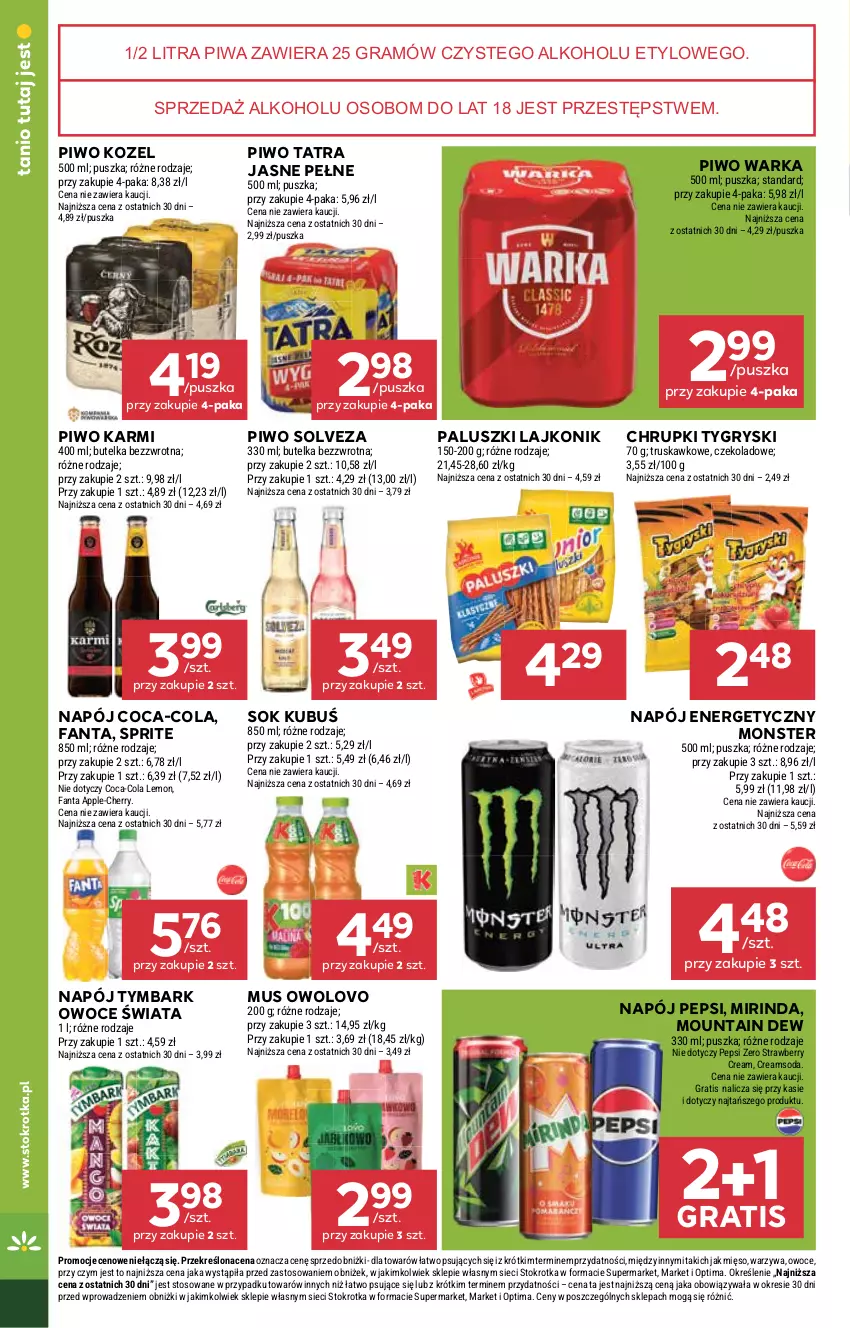 Gazetka promocyjna Stokrotka - Supermarket - ważna 09.04 do 15.04.2026 - strona 28 - produkty: Chrupki, Coca-Cola, Fa, Fanta, Gra, Gry, Karmi, Kozel, Kubuś, Lajkonik, Mięso, Mirinda, Mus, Napój, Napój energetyczny, Optima, Owoce, Pepsi, Piwa, Piwo, Sok, Sprite, Tatra, Tymbark, Warka, Warzywa