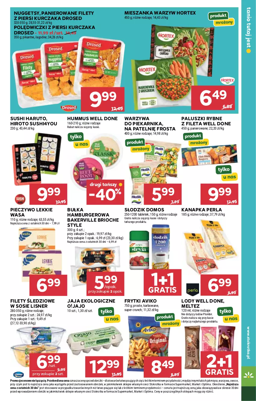 Gazetka promocyjna Stokrotka - Supermarket - ważna 09.04 do 15.04.2026 - strona 29 - produkty: Bułka, Bułka hamburger, Burger, Frosta, Frytki, Gra, Hamburger, Hortex, Hummus, Jaja, Kurczak, Lisner, Lody, Mięso, Mieszanka warzyw, Mus, Optima, Owoce, Paluszki rybne, Piec, Pieczywo, Piekarnik, Sos, Sushi, Tablet, Warzywa, Wasa
