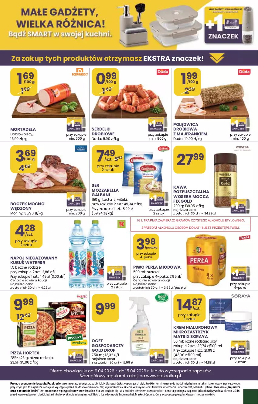 Gazetka promocyjna Stokrotka - Supermarket - ważna 09.04 do 15.04.2026 - strona 31 - produkty: Boczek, Duda, Galbani, Gra, Hortex, Kawa, Kawa rozpuszczalna, Kubuś, Kubuś Waterrr, Mięso, Mocca Fix Gold, Morliny, Mozzarella, Napój, Napój niegazowany, Ocet, Optima, Owoce, Perła, Piwa, Piwo, Pizza, Polędwica, Ser, Serdelki, Warzywa, Woseba