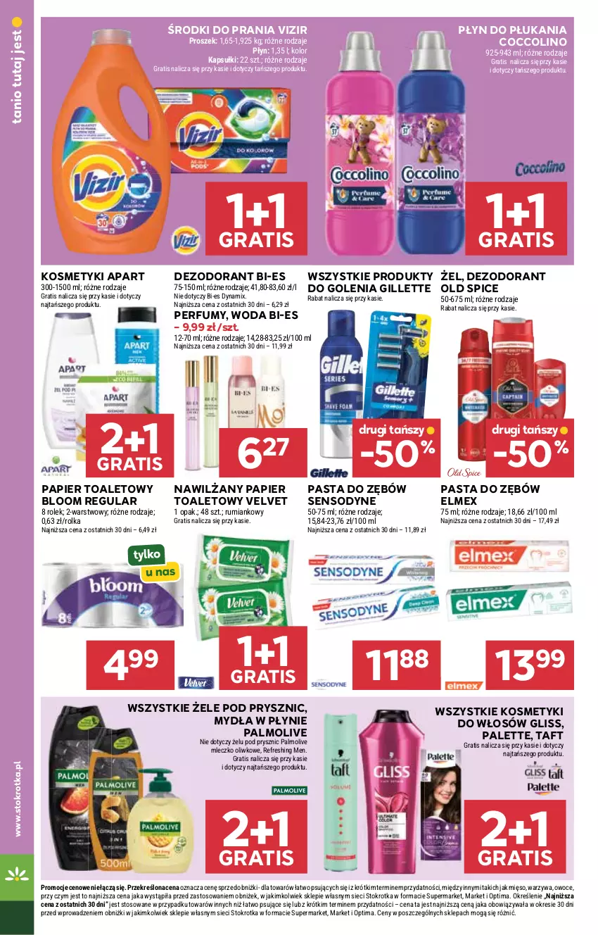 Gazetka promocyjna Stokrotka - Supermarket - ważna 09.04 do 15.04.2026 - strona 32 - produkty: Coccolino, Dezodorant, Elmex, Gillette, Gra, Mięso, Mleczko, Nawilżany papier, Old Spice, Optima, Owoce, Palette, Palmolive, Papier, Papier toaletowy, Pasta do zębów, Perfum, Płyn do płukania, Rum, Sensodyne, Taft, Velvet, Vizir, Warzywa, Woda