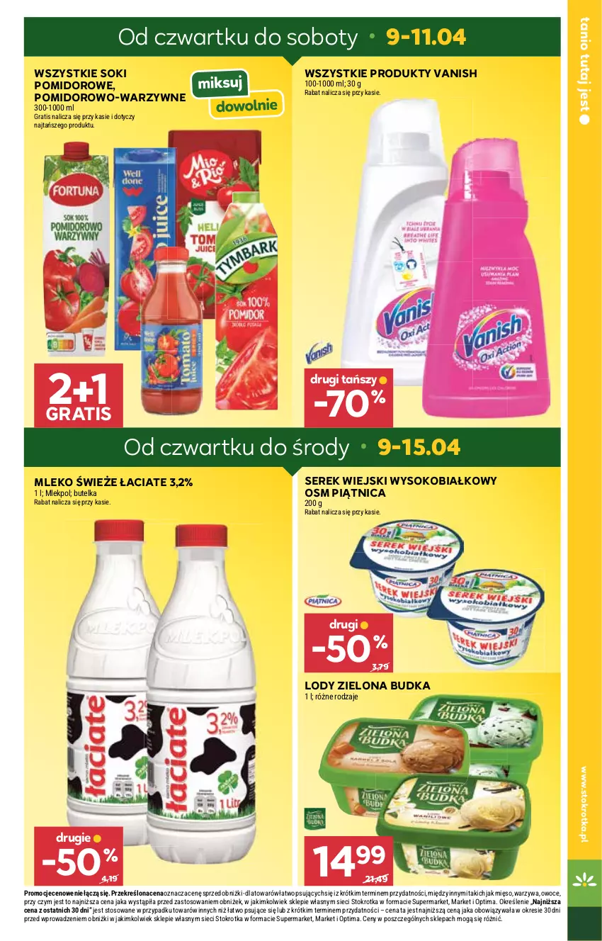 Gazetka promocyjna Stokrotka - Supermarket - ważna 09.04 do 15.04.2026 - strona 5 - produkty: Gra, Lody, Mięso, Mleko, Optima, Owoce, Piątnica, Ser, Serek, Serek wiejski, Sok, Vanish, Warzywa, Zielona Budka
