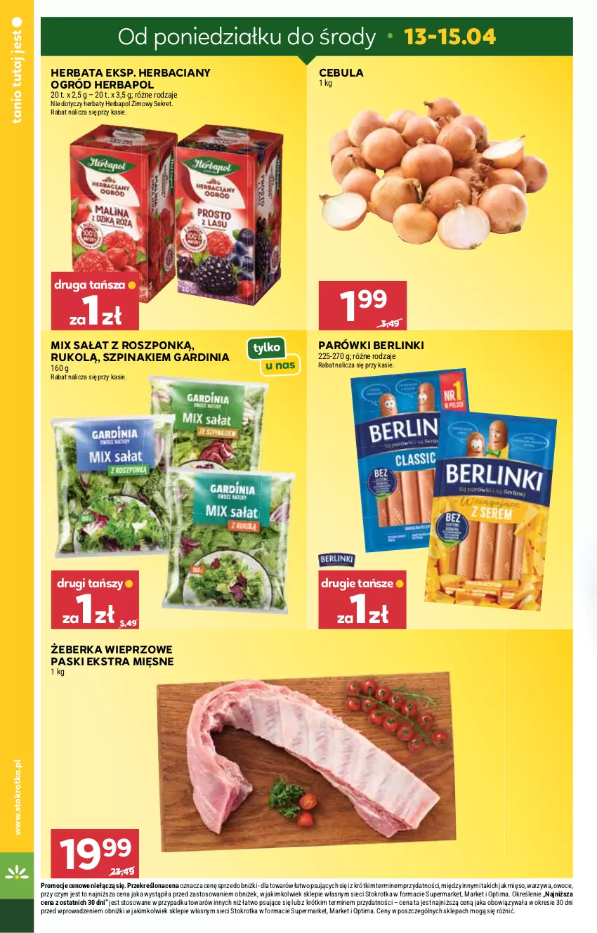 Gazetka promocyjna Stokrotka - Supermarket - ważna 09.04 do 15.04.2026 - strona 8 - produkty: Berlinki, Cebula, Herbapol, Herbata, Kret, Mięso, Ogród, Optima, Owoce, Parówki, Sałat, Szpinak, Warzywa