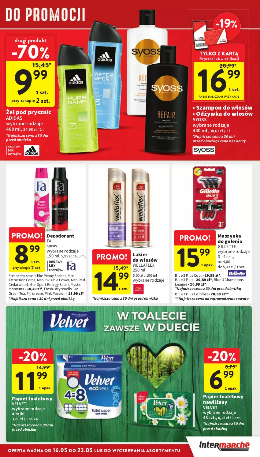 Gazetka promocyjna Intermarche - ważna 16.05 do 22.05.2024 - strona 35 - produkty: Adidas, Dezodorant, Fa, Gillette, Lakier, Lakier do włosów, Maszynka, Maszynka do golenia, Moments, Odżywka, Papier, Papier toaletowy, Por, Rolki, Sport, Syoss, Szampon, Szynka, Velvet, Wella, Wellaflex