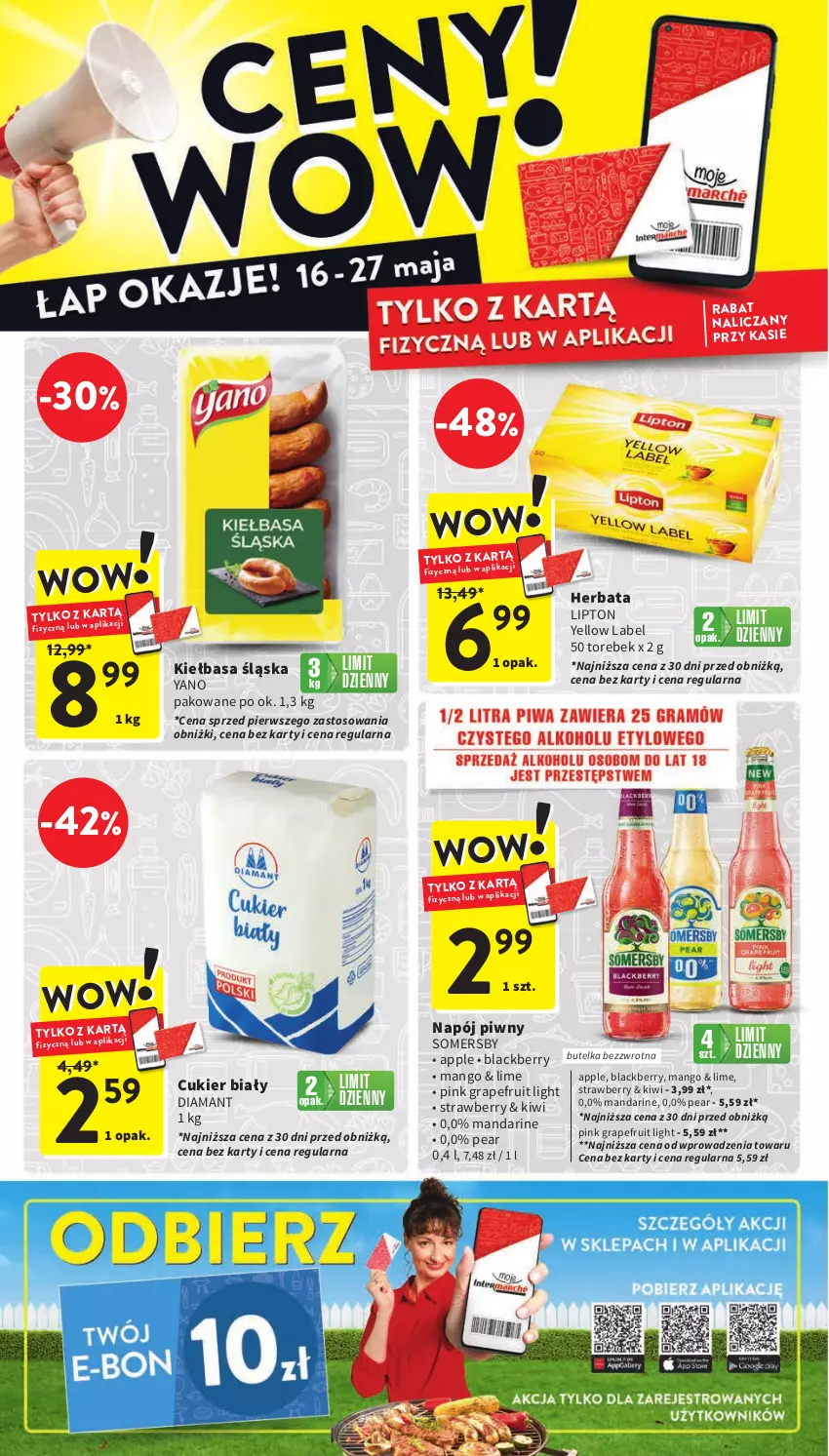 Gazetka promocyjna Intermarche - ważna 16.05 do 22.05.2024 - strona 40 - produkty: Cukier, Diamant, Gra, Herbata, Kiełbasa, Kiełbasa śląska, Kiwi, Lack, Lipton, Mango, Napój, Somersby