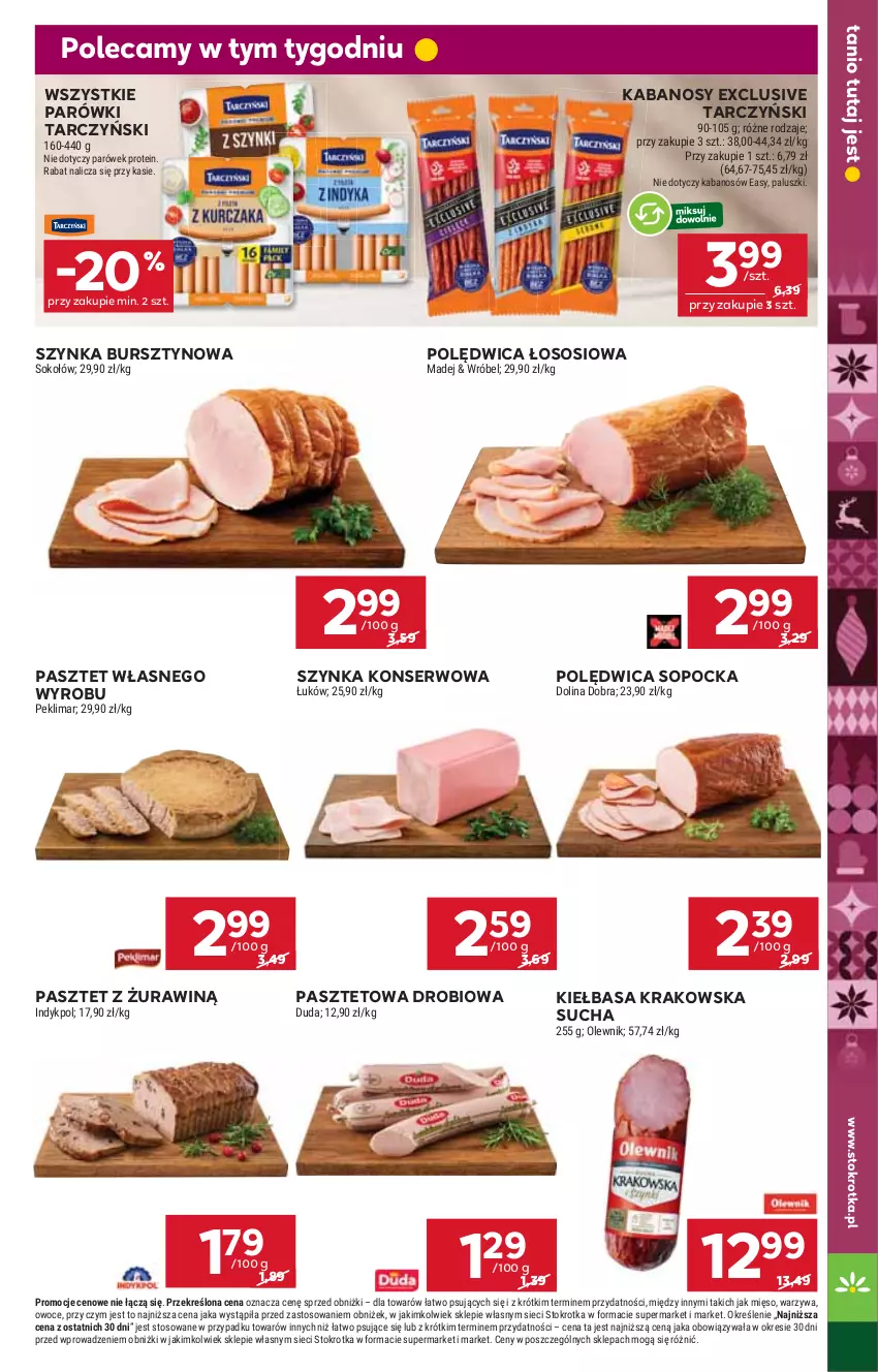 Gazetka promocyjna Stokrotka - Supermarket - ważna 27.11 do 03.12.2025 - strona 19 - produkty: Bursztyn, Duda, Kabanos, Kiełbasa, Kiełbasa krakowska, Mięso, Olewnik, Owoce, Parówki, Pasztet, Polędwica, Ser, Sok, Sokołów, Sos, Szynka, Szynka konserwowa, Tarczyński, Warzywa