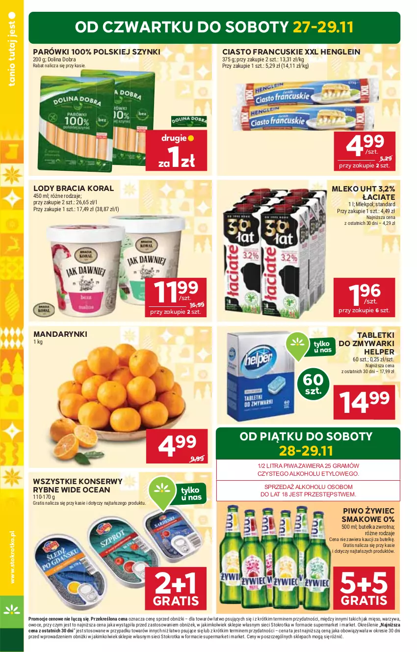 Gazetka promocyjna Stokrotka - Supermarket - ważna 27.11 do 03.12.2025 - strona 2 - produkty: Ciasto francuskie, Gra, Lody, Mandarynki, Mięso, Mleko, Owoce, Parówki, Piwa, Piwo, Ser, Tablet, Tabletki do zmywarki, Warzywa, Zmywarki