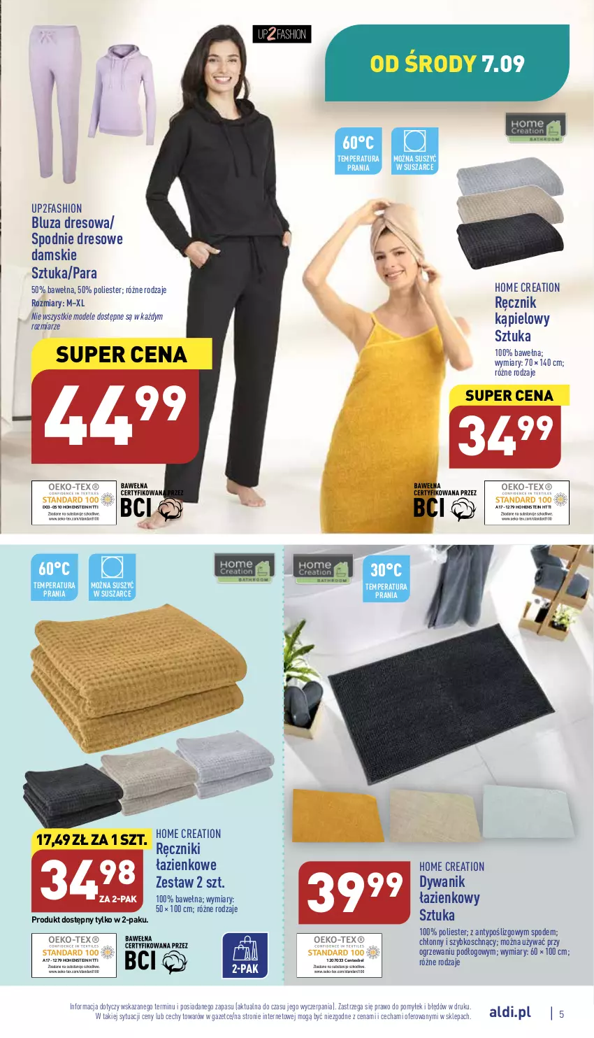 Gazetka promocyjna Aldi - Zaplanuj zakupy wcześniej - ważna 07.09 do 10.09.2022 - strona 5 - produkty: Bluza, Bluza dresowa, Dres, Dywan, Dywanik, Dywanik łazienkowy, Fa, Ręcznik, Ręcznik kąpielowy, Spodnie, Spodnie dresowe, Wełna