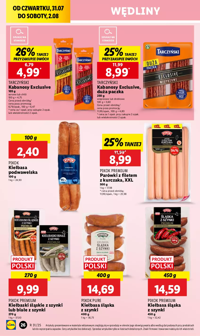 Gazetka promocyjna Lidl - GAZETKA - ważna 31.07 do 02.08.2025 - strona 30 - produkty: Kabanos, Kiełbasa, Kiełbasa podwawelska, Kiełbasa śląska, Kiełbaski śląskie, Kurczak, Parówki, PIKOK, Pur, Ser, Tarczyński, Wawel