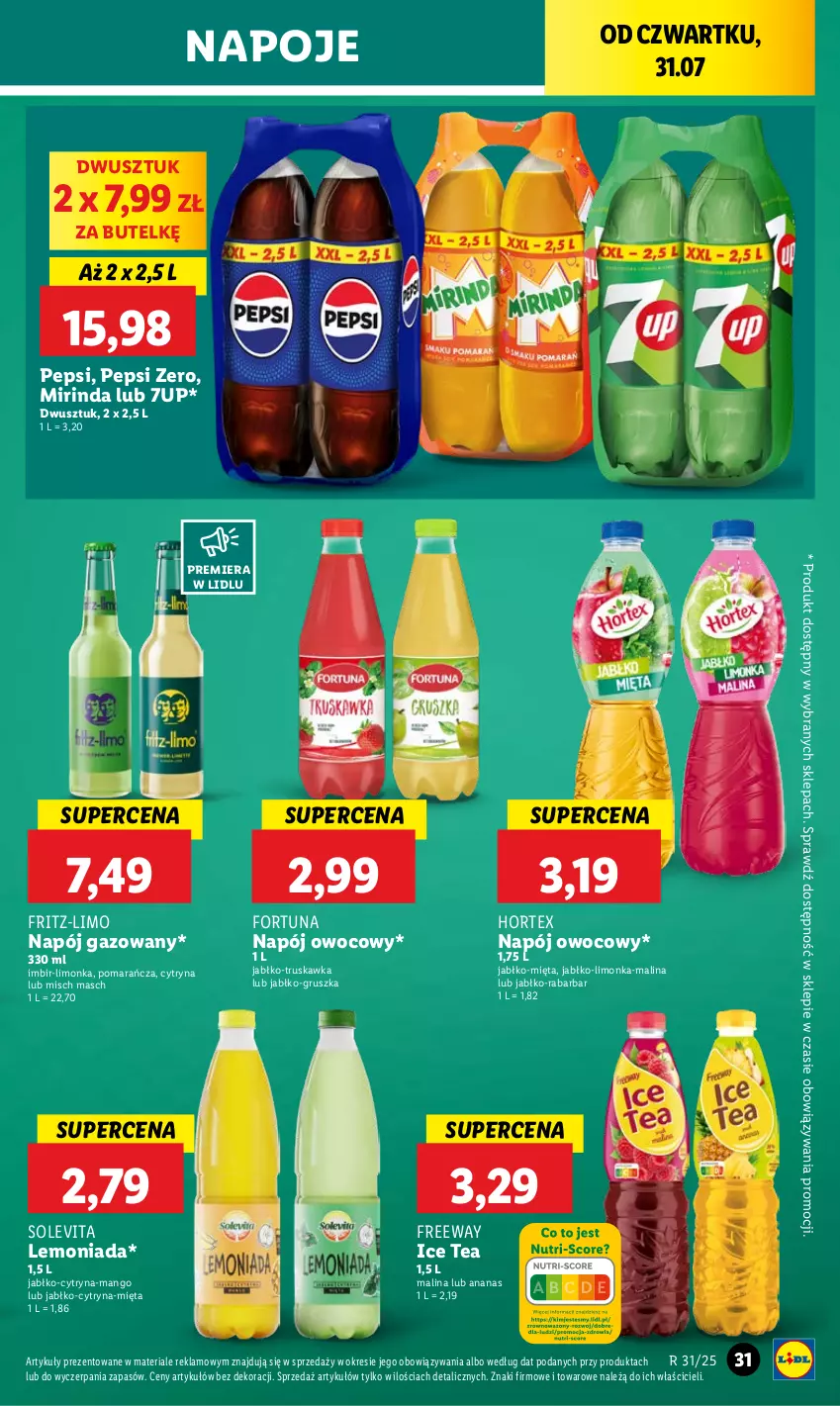 Gazetka promocyjna Lidl - GAZETKA - ważna 31.07 do 02.08.2025 - strona 41 - produkty: 7up, Ananas, Fortuna, Hortex, Ice tea, Imbir, Lemoniada, Limonka, Mango, Mięta, Mirinda, Napój, Napój gazowany, Napoje, Pepsi